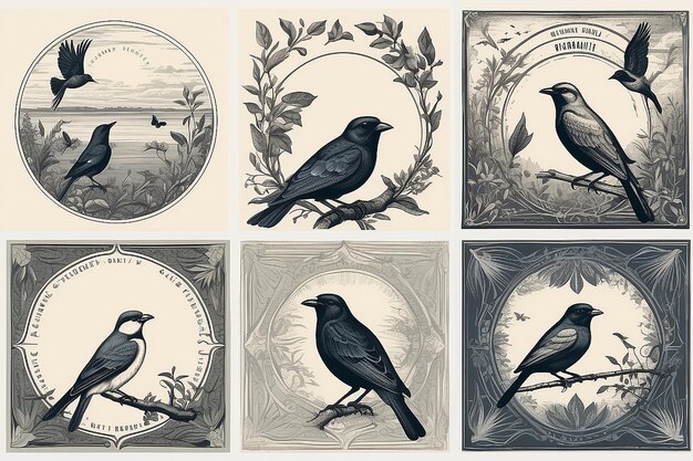 Vogelsatz von Vektorplakaten mit Vögeln Gravurillustrationen und Typographie Hintergrundbilder für das Cover