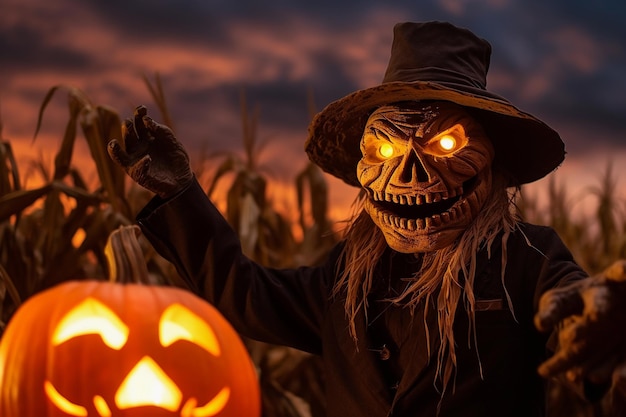 Vogelscheuche bei Halloween mit Kürbissen auf einem Feld