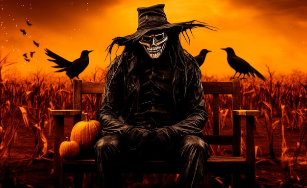 Vogelscheuche vor dem Sonnenuntergang im Stil einer fotorealistischen Hyperbole Halloween spektakulär