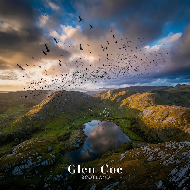 Vogelschwarm am Himmel in Glen Coe, Schottland