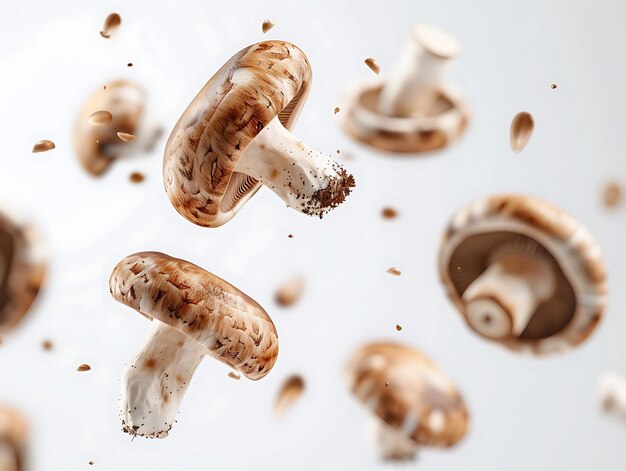 Foto volando deliciosos cogumelos champignon contra um fundo branco