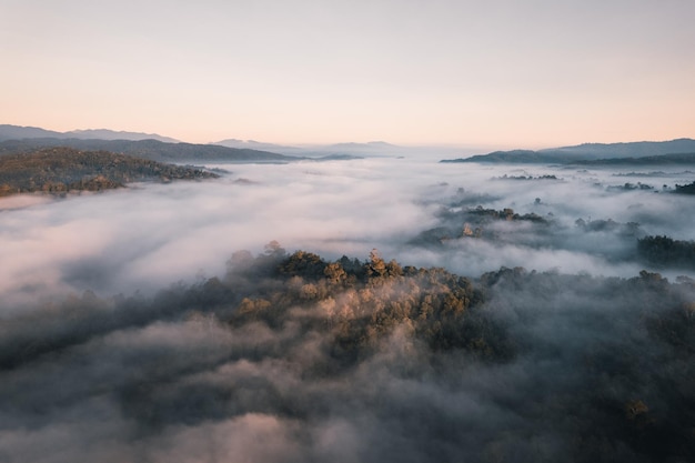 Volando por encima del amanecer y la niebla de las nubes, en la colina