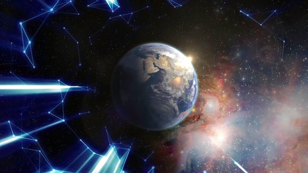 Volando lejos de la tierra a través de las estrellas acción bola mágica amanecer sobre la tierra visto desde el espacio