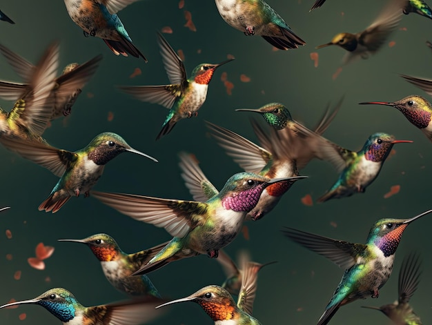 Volando lindos colibríes realista de patrones sin fisuras