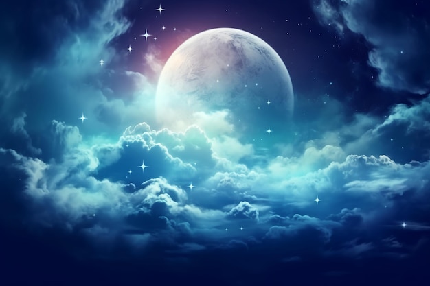 Volando sobre profundas nubes nocturnas con luz de luna