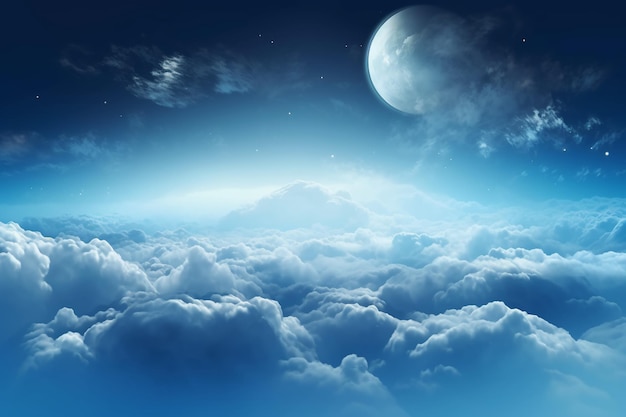 Volando sobre profundas nubes nocturnas con luz de luna