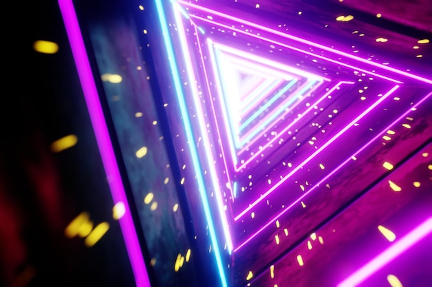 Volando a través de un túnel luminoso sin fin Construcción con hexágonos brillantes de neón Hyperloop 3d rend