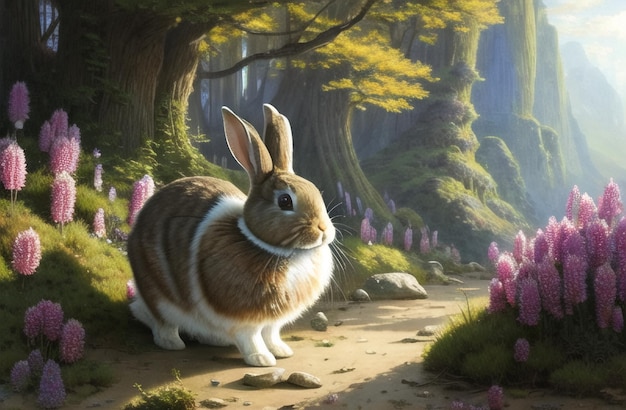 Volante de conejo de Pascua en paisaje natural Diseño de tema de Pascua moderno Felices Pascuas Generado por IA