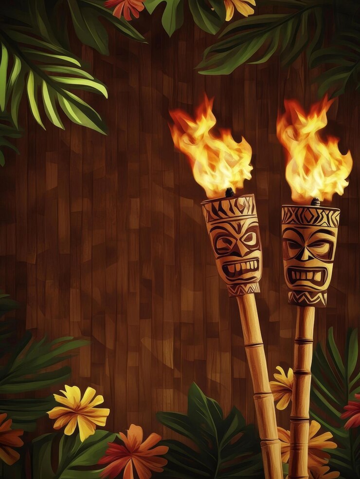 Foto un volante de la fiesta tiki hawaiana de estilo vintage con dos antorchas tiki encendidas con caras talladas y