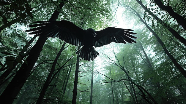 Foto volar entre los árboles en el bosque con las alas extendidas ia generativa