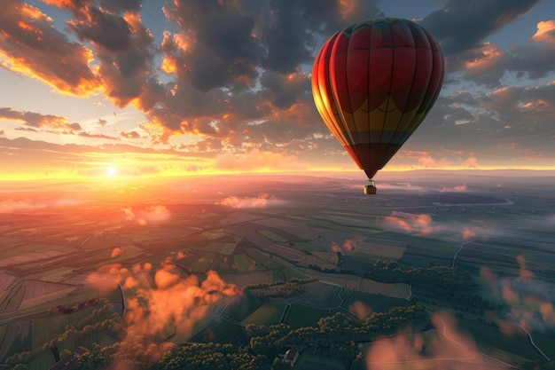 Foto volar en globo aerostático sobre paisajes pintorescos