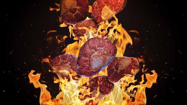 Volar pedazos de carne sobre la parrilla de renderizado 3d de rejilla