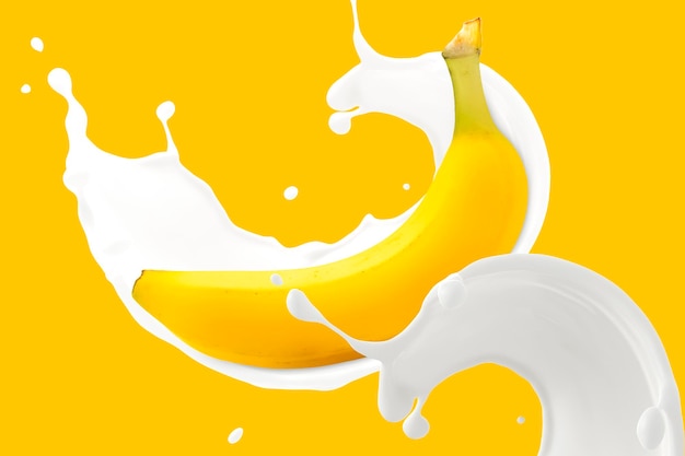 Volar plátano fresco con salpicaduras de leche sobre fondo amarillo