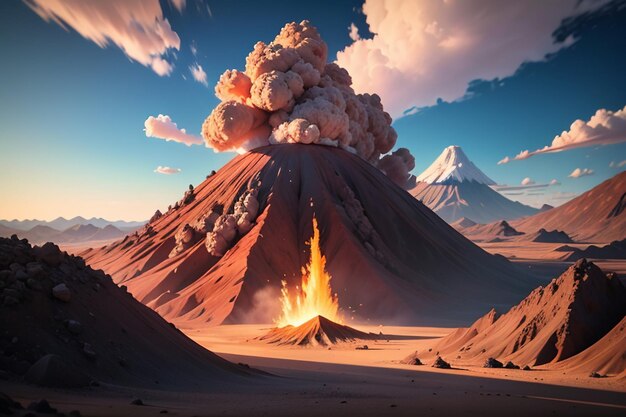 Foto el volcán activo hace erupción arrojando lava el terreno volcánico presenta fondo de papel tapiz