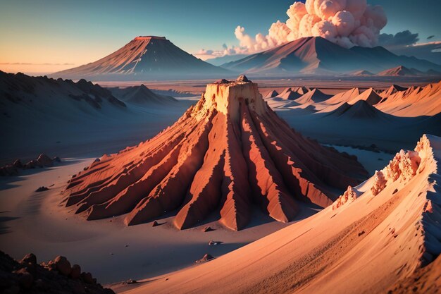 Foto el volcán activo hace erupción arrojando lava el terreno volcánico presenta fondo de papel tapiz