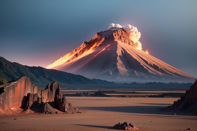 Foto el volcán activo hace erupción arrojando lava el terreno volcánico presenta fondo de papel tapiz