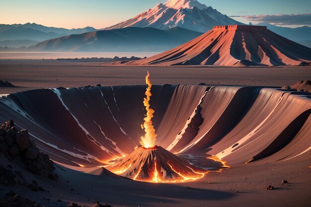 El volcán activo hace erupción arrojando lava el terreno volcánico presenta fondo de papel tapiz