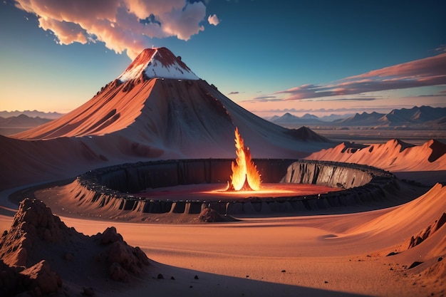 Foto el volcán activo hace erupción arrojando lava el terreno volcánico presenta fondo de papel tapiz