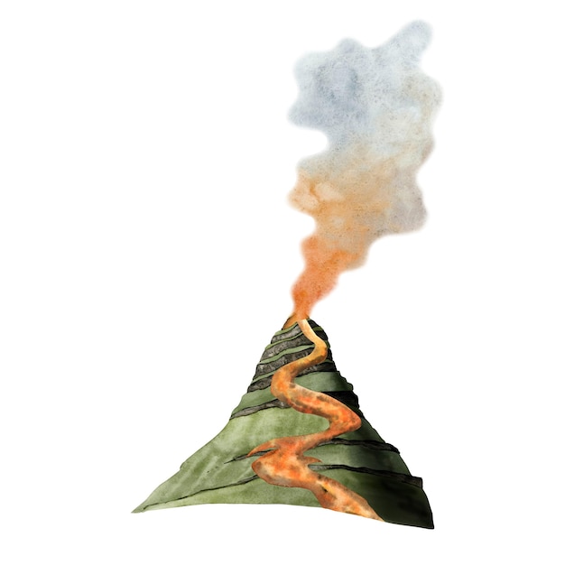 Volcán acuarela con montaña de lava y humo Ilustración aislada en blanco en naranja verde