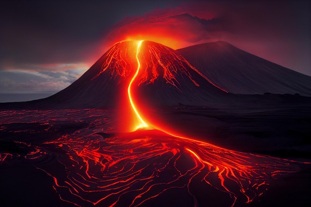 Volcán arrojando lava al aire generativo ai