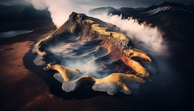 Un volcán con una capa amarilla de humo en la parte superior.