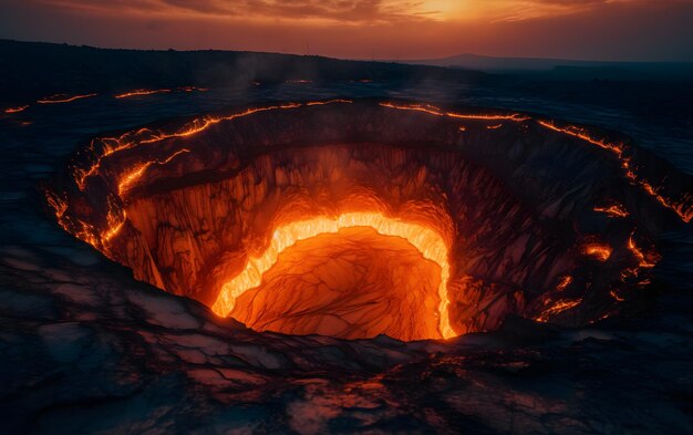 Un volcán con un cielo al atardecer de fondo