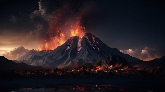 Un volcán con un cielo oscuro y humo.