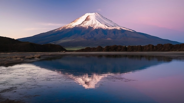 El volcán cotopaxi al amanecer tomado de la laguna de Santo Domingo