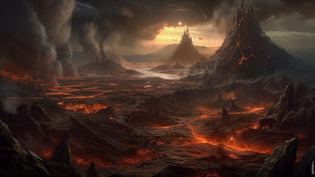 Un volcán en el desierto con un cielo oscuro y humo
