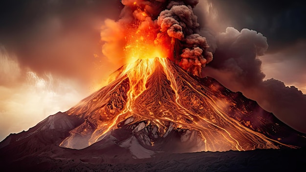 El volcán entra en erupción expulsando lava derretida con humo y ceniza en remolino El volcán en erupción lava derretido en remolino humo ceniza volcánica fuerza intensa generada por IA