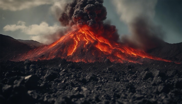 Foto el volcán entró en erupción con lava arrojando alto en el aire