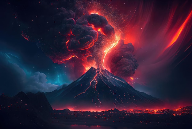 El volcán entró en erupción con lava caliente y humo negro cubriendo el cielo Concepto de naturaleza y desastre IA generativa
