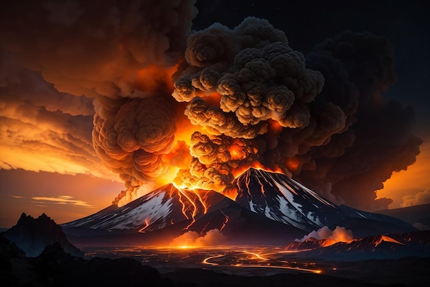 Volcán en erupción en el cielo con humo y fuego estilo de pintura al óleo