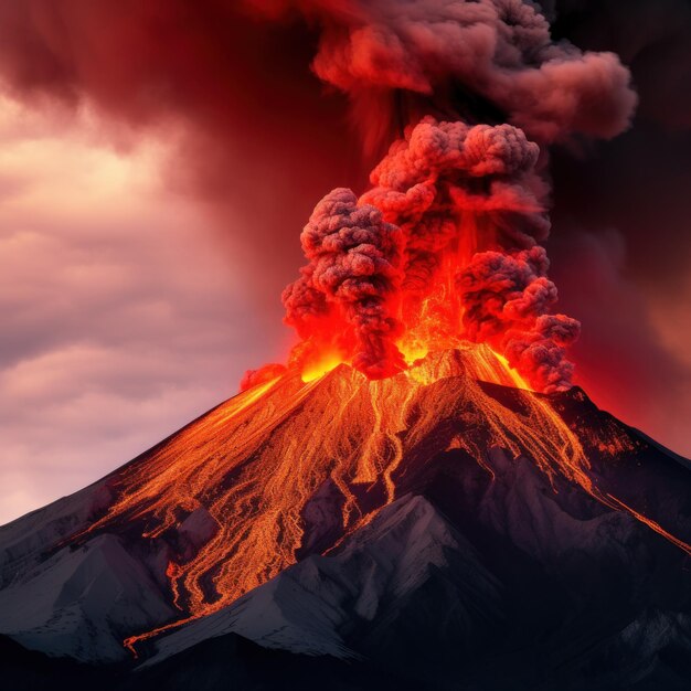 Foto un volcán en erupción en una exhibición ardiente de lava derretida y ceniza