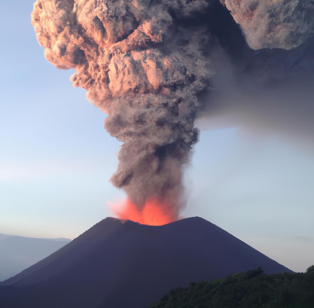 Volcán en erupción con lava y cenizas en el aire sobre un cielo azul creado con tecnología de IA generativa