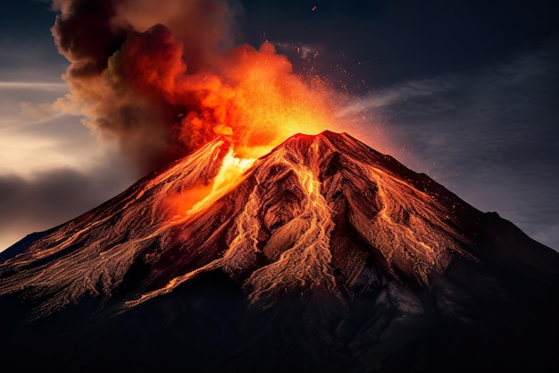 Foto el volcán en erupción por la noche generativo ai