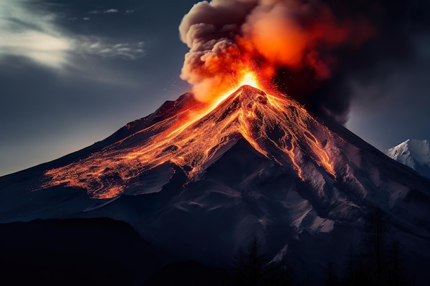 Foto el volcán en erupción por la noche generativo ai