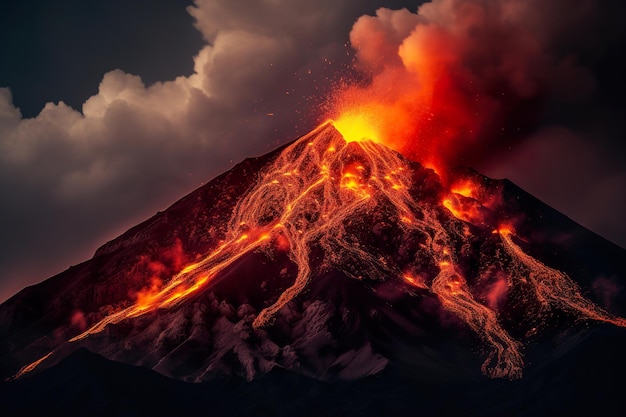 Foto el volcán en erupción por la noche generativo ai