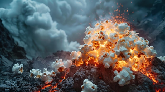 El volcán en erupción con palomitas de maíz en un entorno cinematográfico