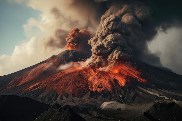 Volcán en erupción con ríos de lava y humo que se elevan hacia el cielo