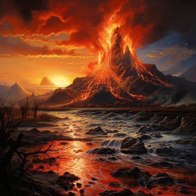 Un volcán en erupción con ríos de lava que fluyen a través del paisaje segunda imagen