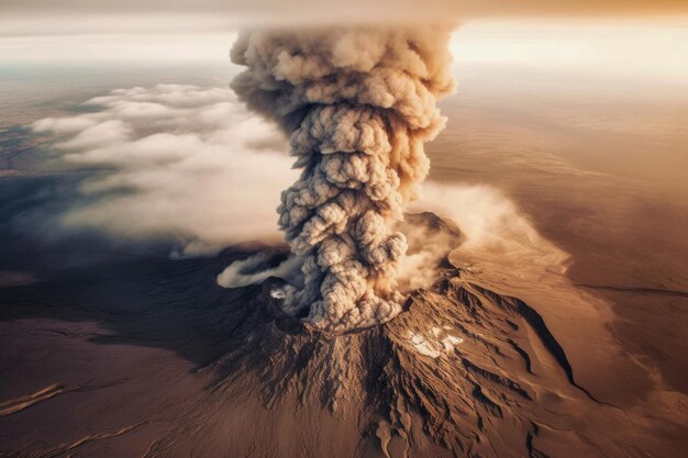 Volcán en erupción vista aérea de humo y cenizas