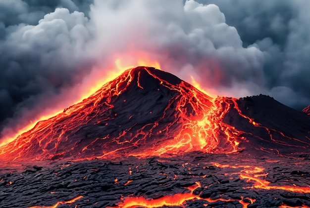 El volcán está haciendo erupción de lava.