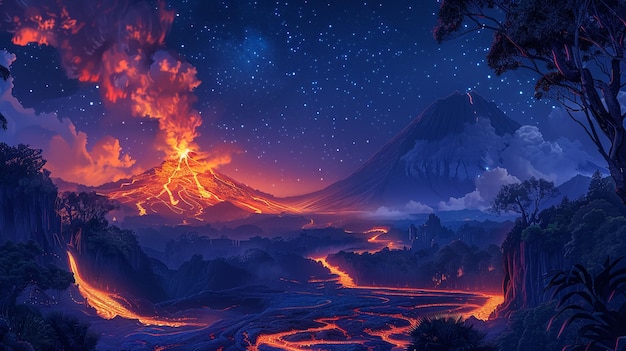 El volcán estalla en el cielo nocturno.