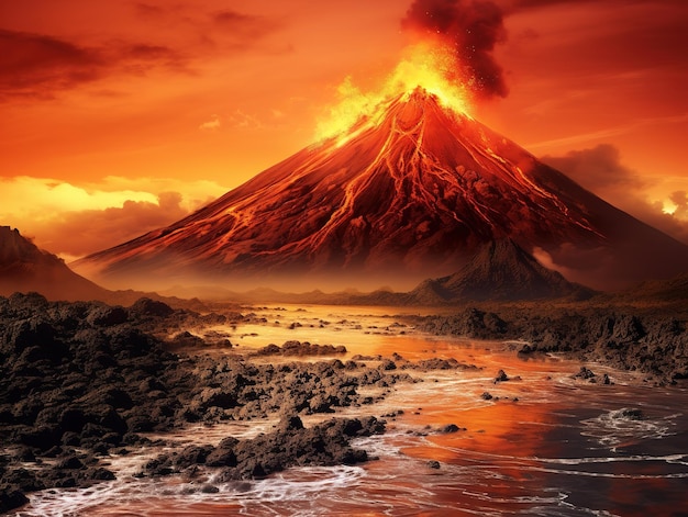 Foto volcán explotado con lava caliente que fluye hacia el desastre natural natural