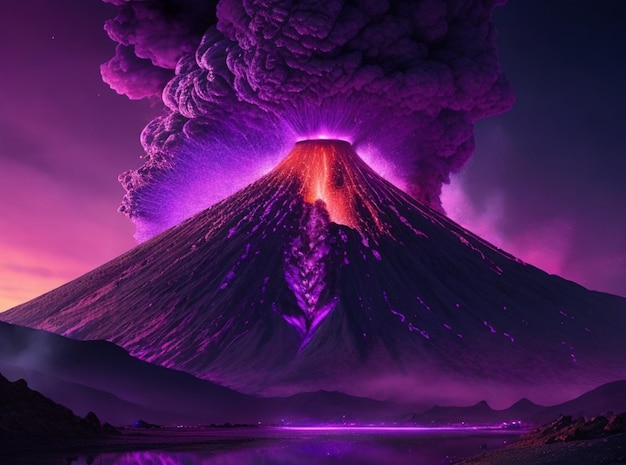 un volcán con un fondo morado y un cielo rosa y morado.