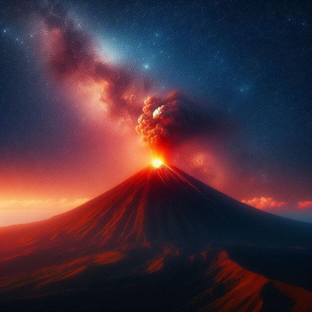 Foto un volcán con un fondo rojo y un lugar llamado volcán