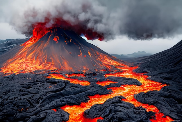 Foto el volcán está haciendo erupción de lava.