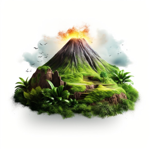 El volcán de la isla está representado en un estilo artístico inspirado en la naturaleza, con técnicas agresivas de ilustración digital. La obra de arte, que recuerda el estilo de Richard Doyle, muestra un exuberante paisaje de fondo.