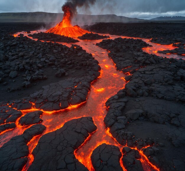 un volcán con lava fluyendo en él y un volcán en el fondo